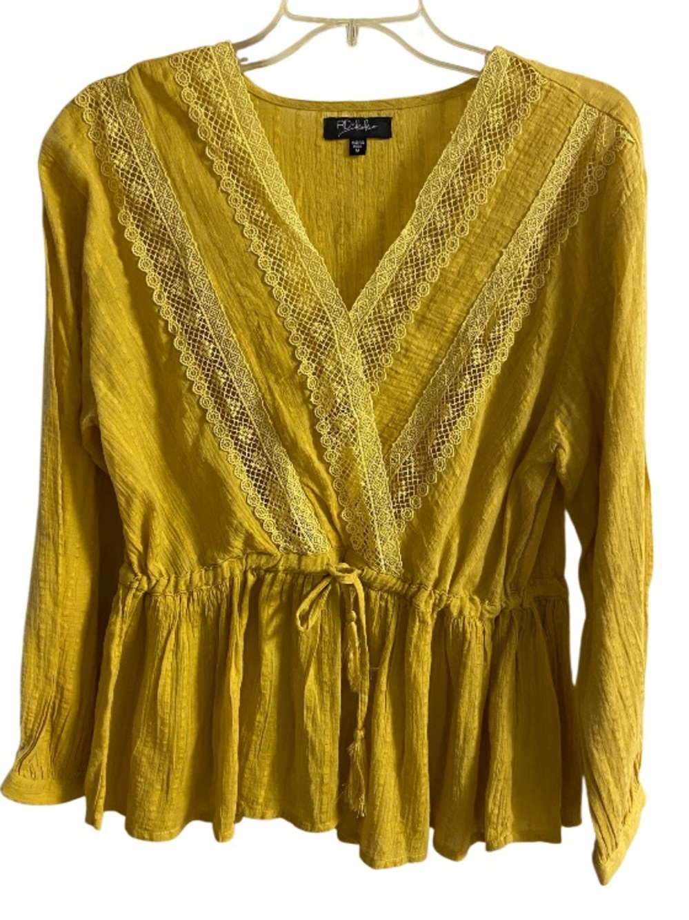 RD+KoKo Anthropologie Yellow Crochet Lace Wrap Surplice Peplum Blouse Medium